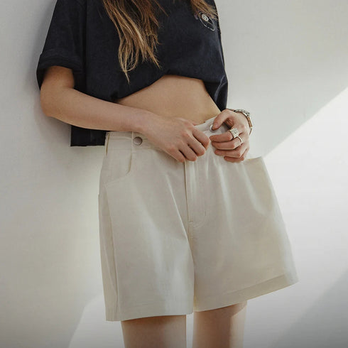 Premium Women's Beige A-Line Shorts – Casual Wide Leg Summer Streetwear Pants